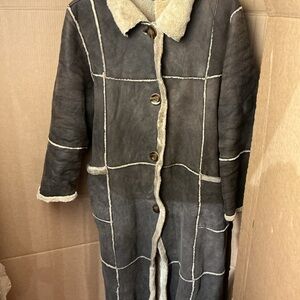 Womens Shearling Long Coat with Contrast Trim - Brown